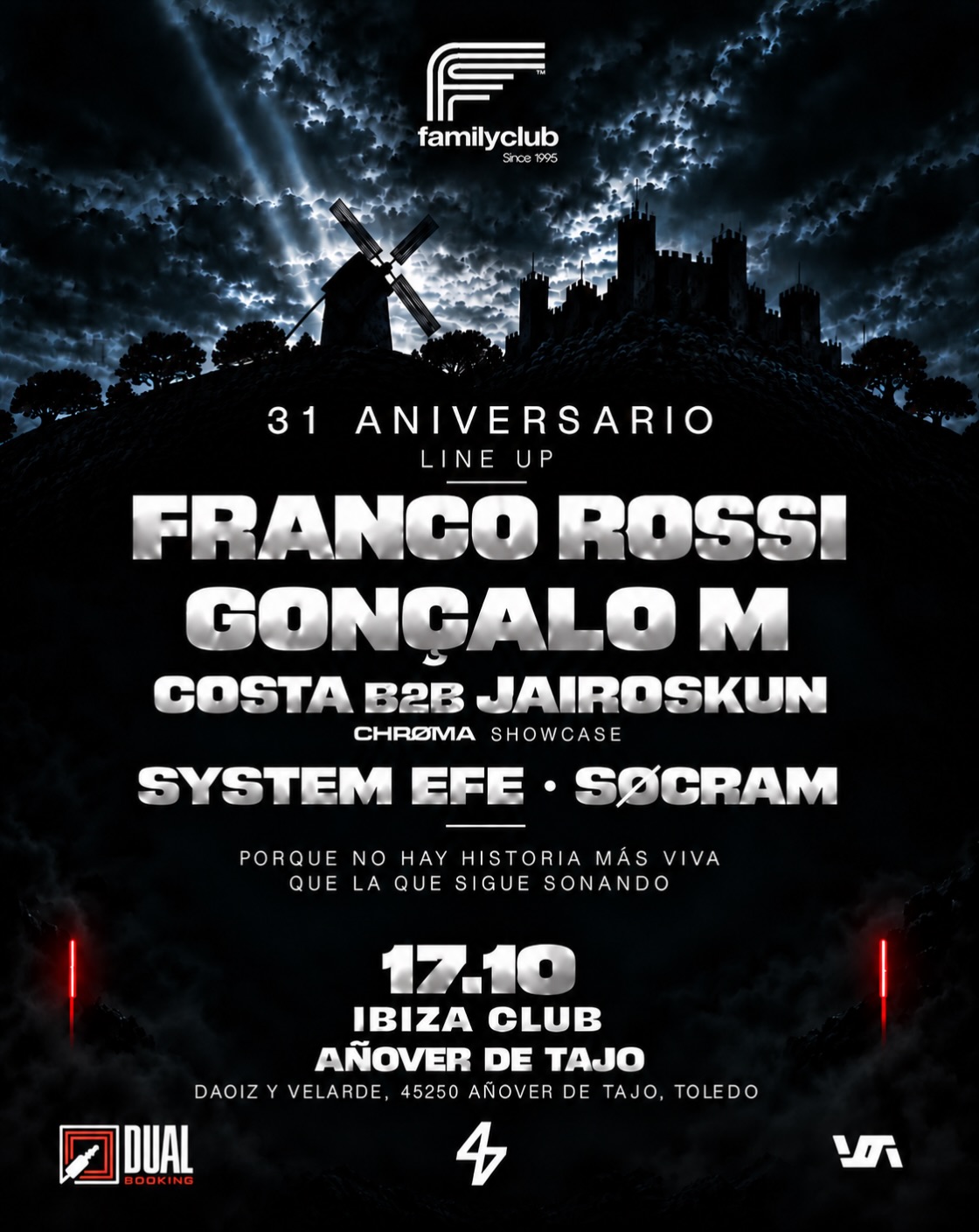 Cartel de Family Club 31 aniversario, 17 de octubre, con Costa b2b Jairoskun en CHRØMA Showcase.